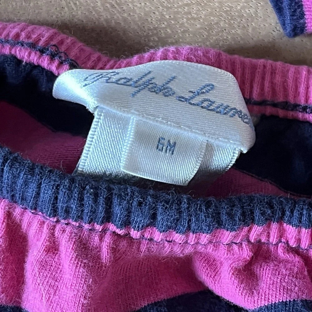 RALPH LAUREN BABY GIRL PINK Blue Striped LONG SLEEVE DRESS & BLOOMER SET 6 MO